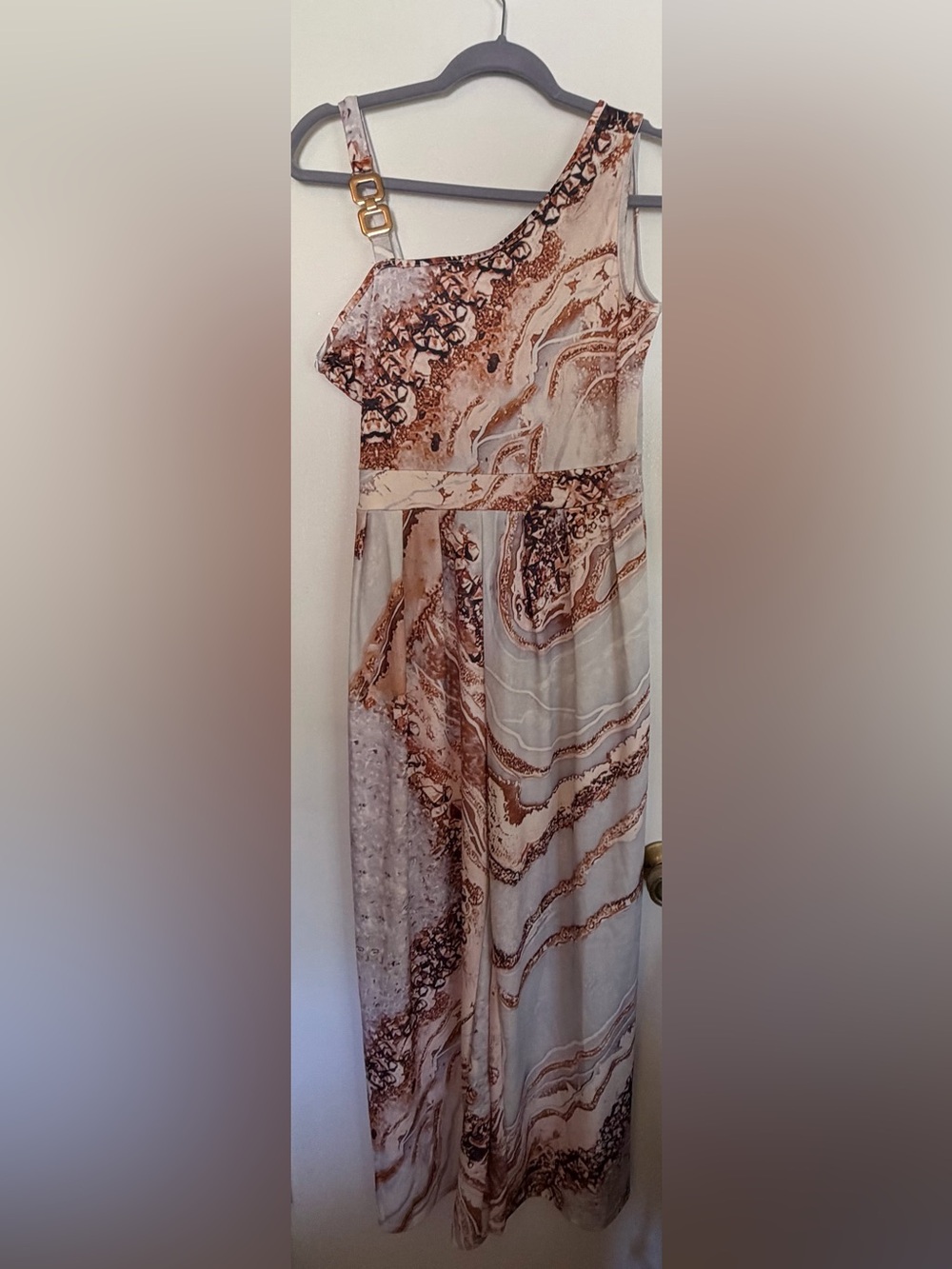 Asymmetric 1-Shoulder Marble Print Jumpsuit Decorative Gold Hardware Sz M